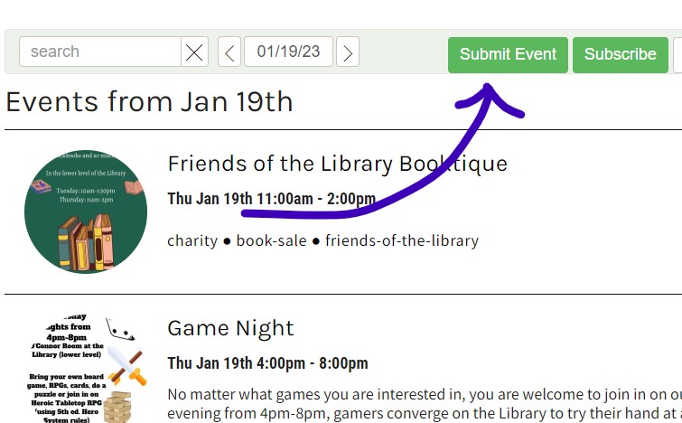 Blue arrow pointing to a green button with text that reads "Submit Event" 